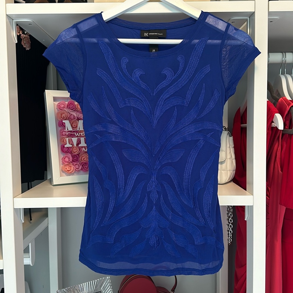 INC Royal Blue Top with Sheer Embroidered Overlay - Picture 4 of 6